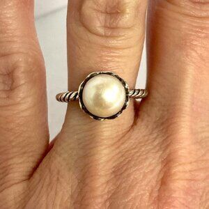 Sterling Silver 925 CFJ THAI Round White Pearl Solitaire Scrollwork Ring Sz 6.5